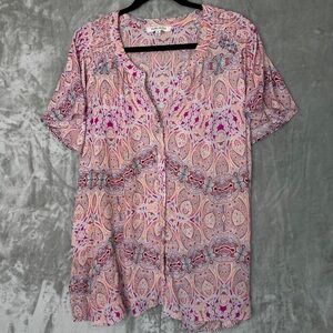 Rose‎ + Olive Pink Paisley Button Up Shirt Womens 3X Smocked Short Sleeve boho